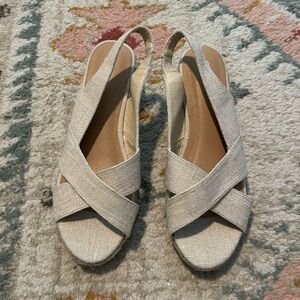 Khaki/tan wedge sling back sandals
